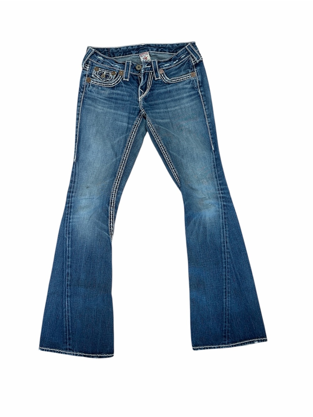 True religion Women’s Dark Blue Flare Jeans with White Contrast Stitching